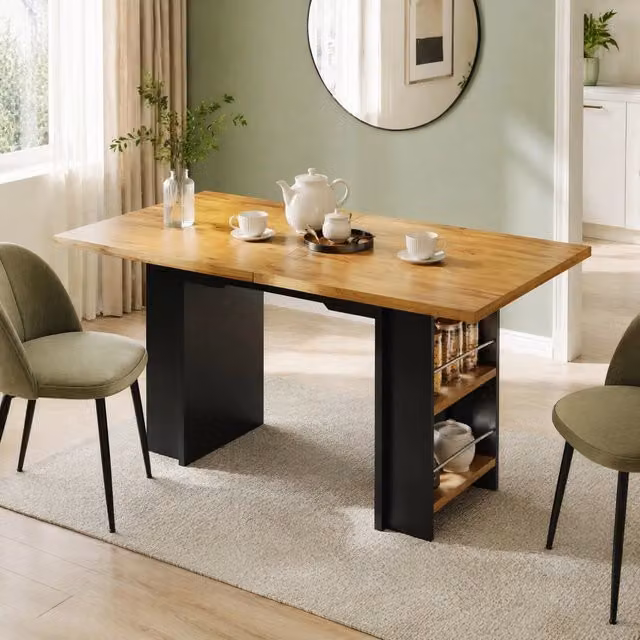 Tavolo da pranzo allungabile in MDF 120-160x80 cm con ripiani laterali, colore legno, per cucina e soggiorno