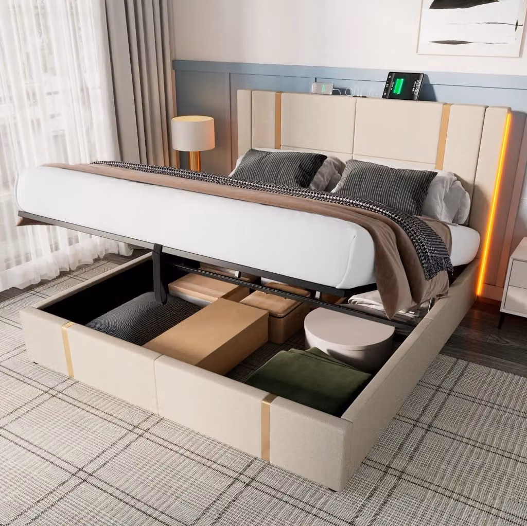 Letto matrimoniale contenitore MODFU imbottito in lino beige con illuminazione LED RGB, porte USB e Type-C, L/P: 180 x 200 cm – 2