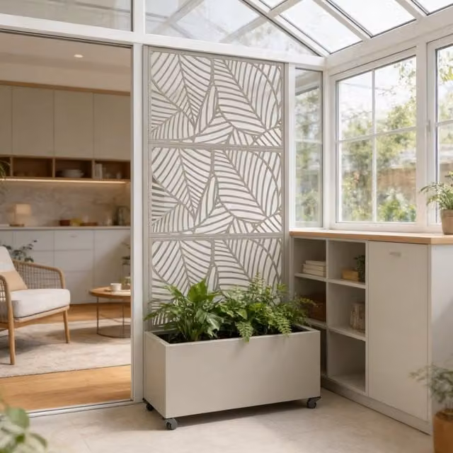 Fioriera con Spalliera e Separè Surnskoki in Acciaio con Portapiante e Rotelle Beige casa.pro L/P/H: 82 x 38 x 190 cm