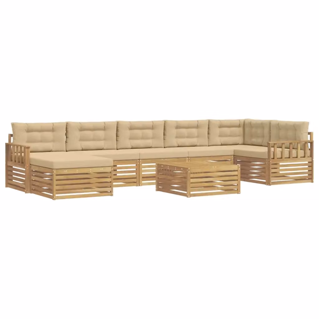 Set di divani da esterno a L vidaXL in legno di acacia con 8 pezzi, colore bianco, beige e marrone, comprensivo di pouf, tavolino da caffè e cuscini – 2