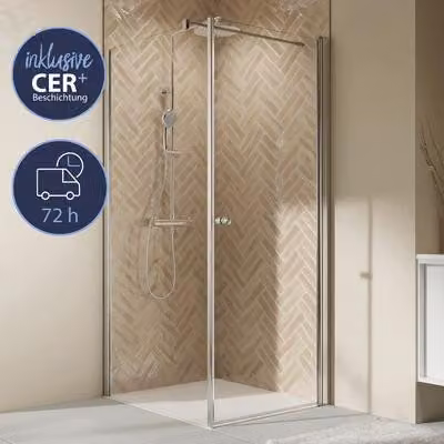 Porta doccia laterale a battente ELANA 2.0 Express Q72, dimensioni 90 x 200 cm, profilo argento, vetro trasparente con trattamento anti-sporco