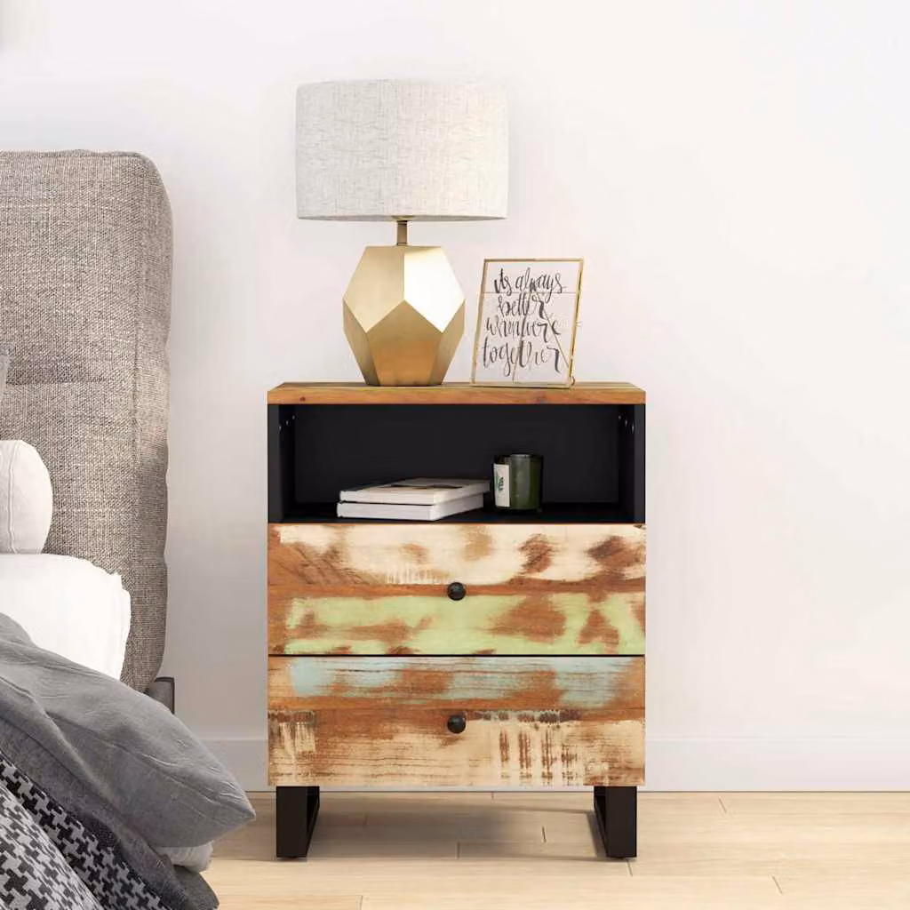 Comodino vidaXL in Legno Massello Recuperato e Multistrato Stile Industrial Multicolore L: 50 cm, P: 33 cm, H: 62 cm