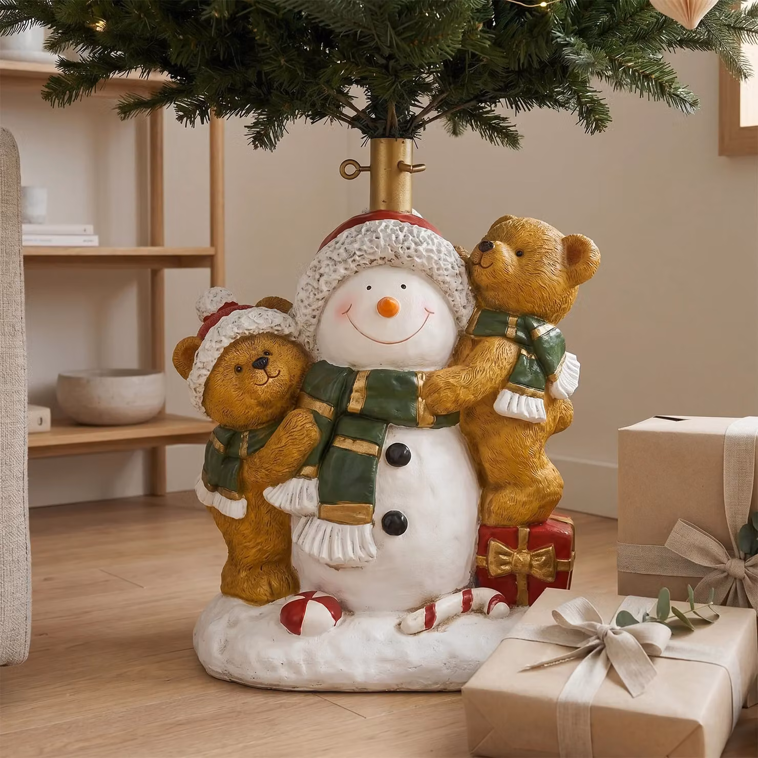 Base Albero di Natale con Pupazzo di Neve e Orsetti VESTIAMO CASA, Colore Oro, Altezza: 44,5 cm – 3