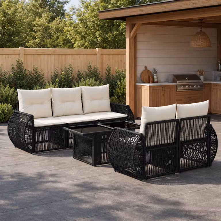 Set Divano da Giardino vidaXL 6 Pezzi Moderno in Polyrattan Nero e Bianco Crema con Tavolino e Cuscini Imbottiti