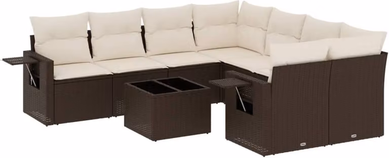 Set Divani da Giardino 9pz con Cuscini Marrone in Polyrattan