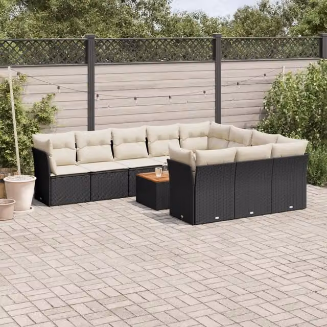 Set di divani da giardino moderno VIDAXL in polyrattan nero con 11 pezzi e cuscini inclusi