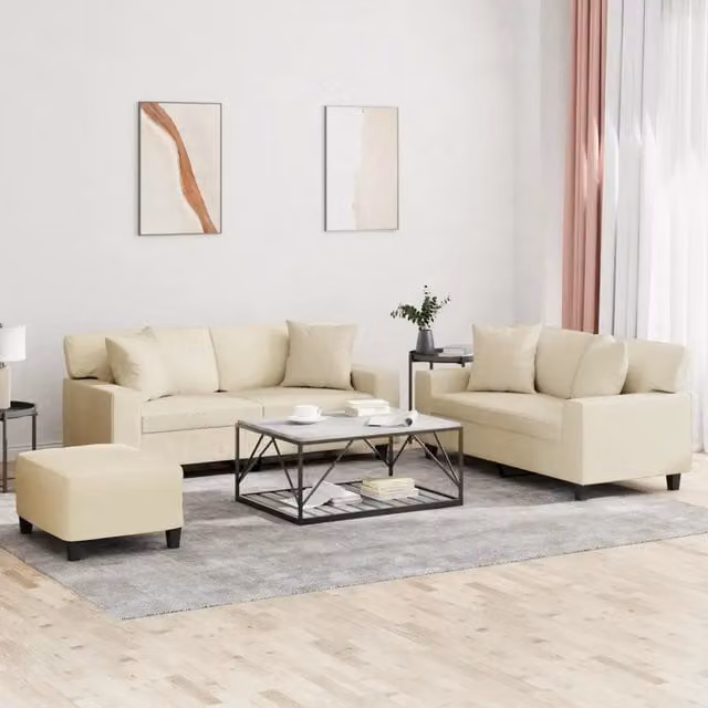 Set di divani moderno vidaXL in similpelle beige composto da divano a 2 posti, divano a 3 posti e pouf con cuscini inclusi