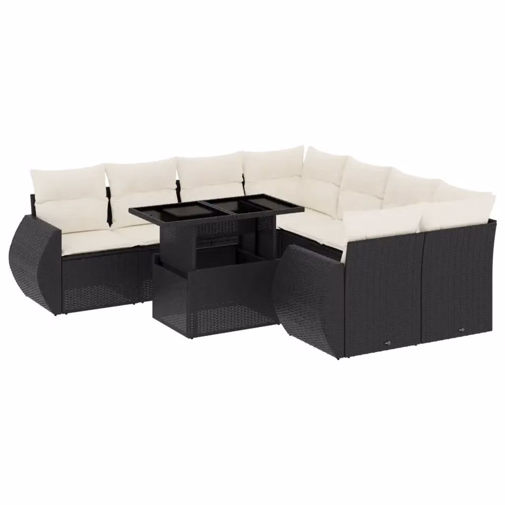 Set di divani da giardino vidaXL a forma di L composto da 9 pezzi con cuscini in polyrattan nero e bianco – 2