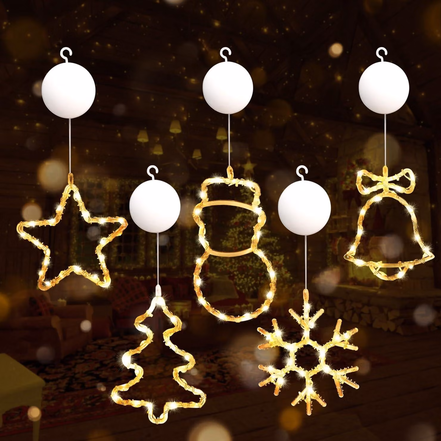 Tenda luminosa a LED, confezione da 5 pezzi, luce bianco caldo, alimentazione a batteria, con ventose