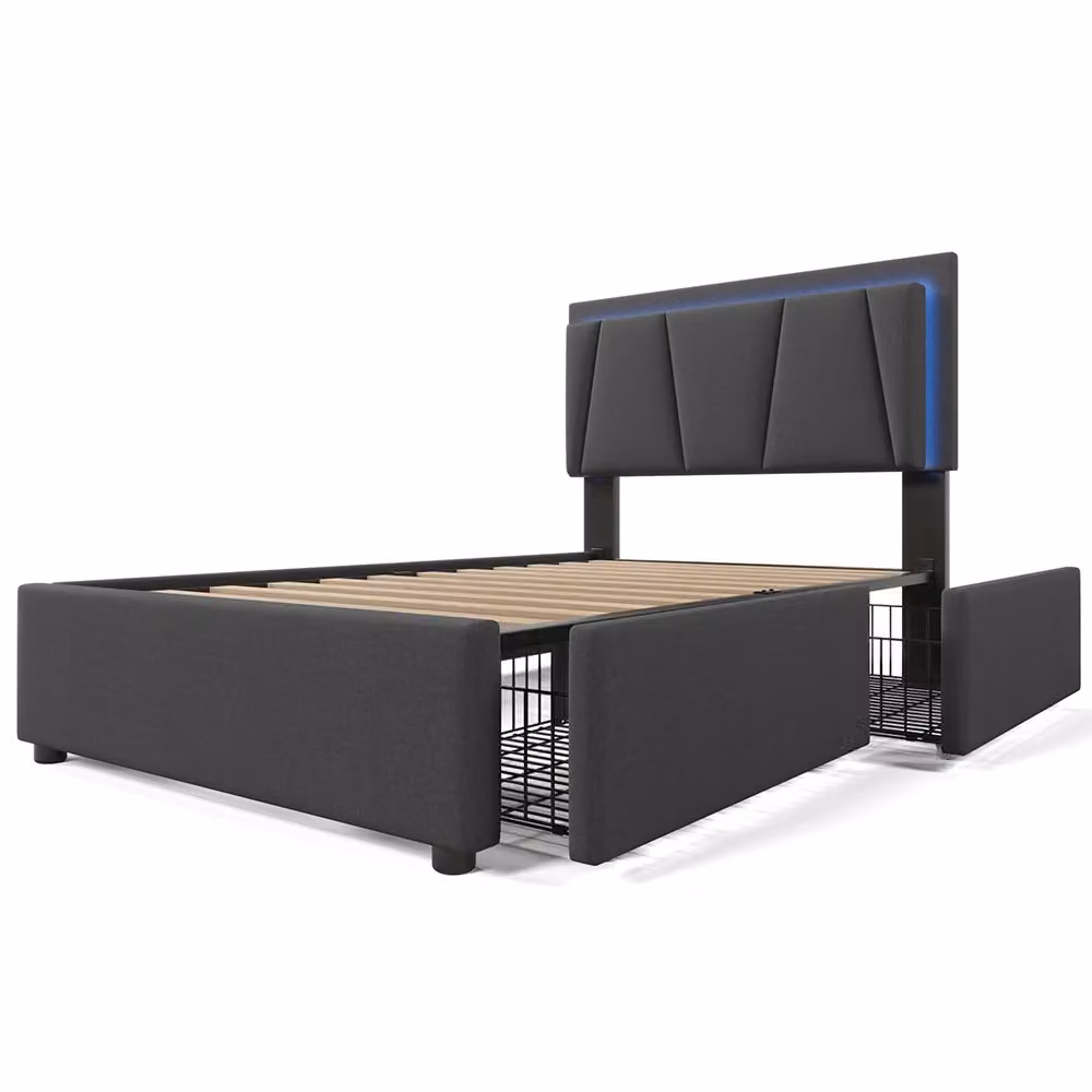 Letto singolo imbottito moderno con illuminazione LED sottostante e cassetti, L/P/H: 90 x 200 x 112 cm, Grigio o Beige – 2