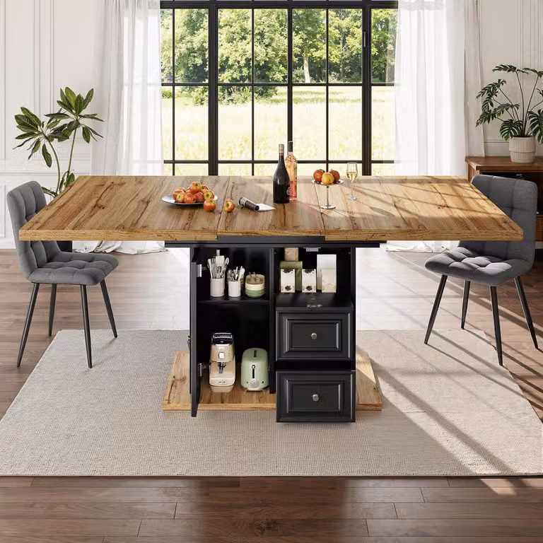 Tavolo da pranzo allungabile in legno, dimensioni 110-140x80x75 cm, colore nero, con spazio contenitivo