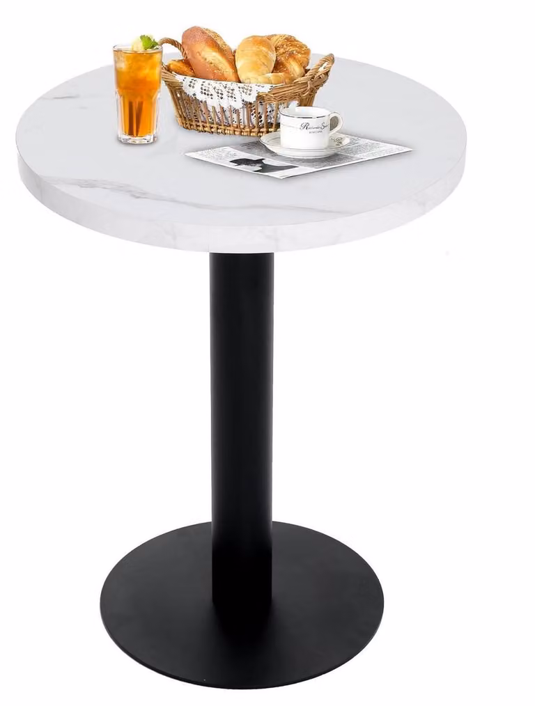Tavolo rotondo da pranzo, diametro 60 cm, finitura effetto marmo bianco, struttura in metallo, piano in MDF