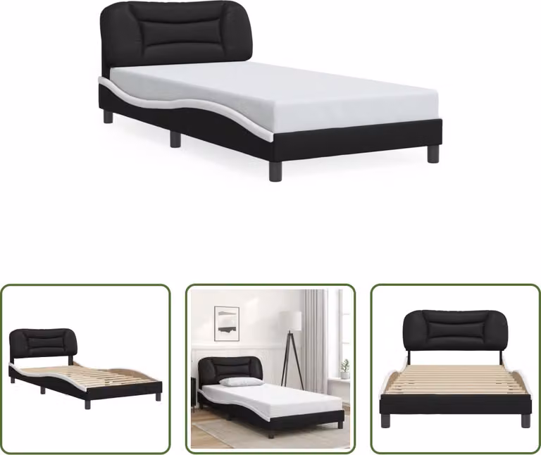 The Living Store Struttura letto con testiera bianca e nera 100x200 cm in ecopelle