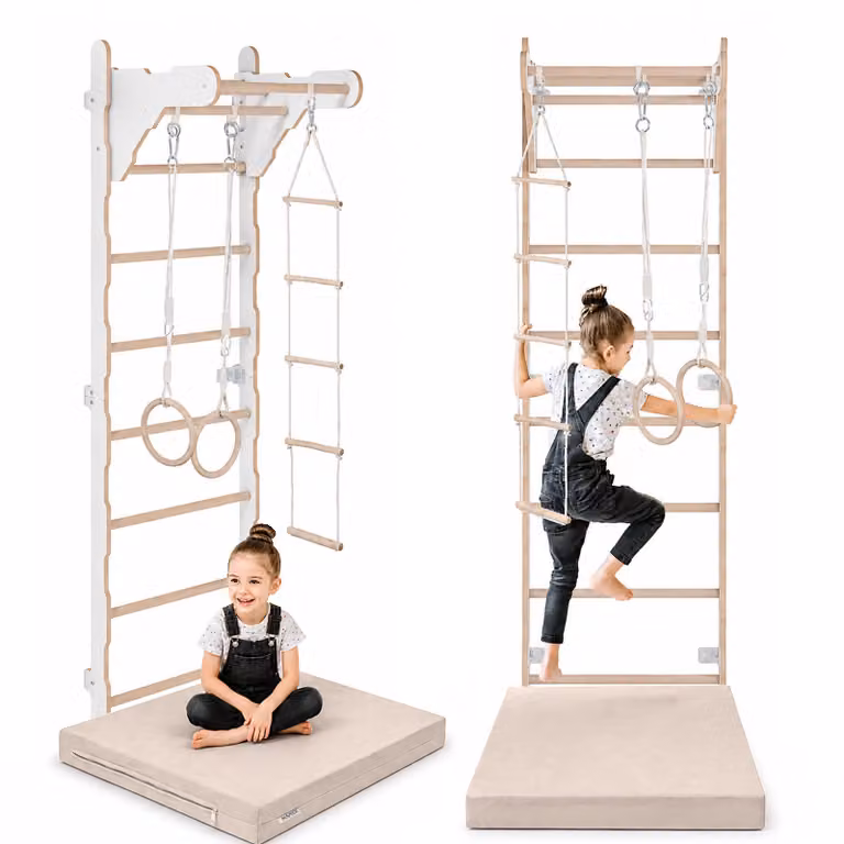 Scala da ginnastica per bambini (210 cm) | Scala da parete in legno | Struttura da arrampicata per bambini | Ruote da ginnastica | Materassino protettivo | Scala in corda | 100% ECO