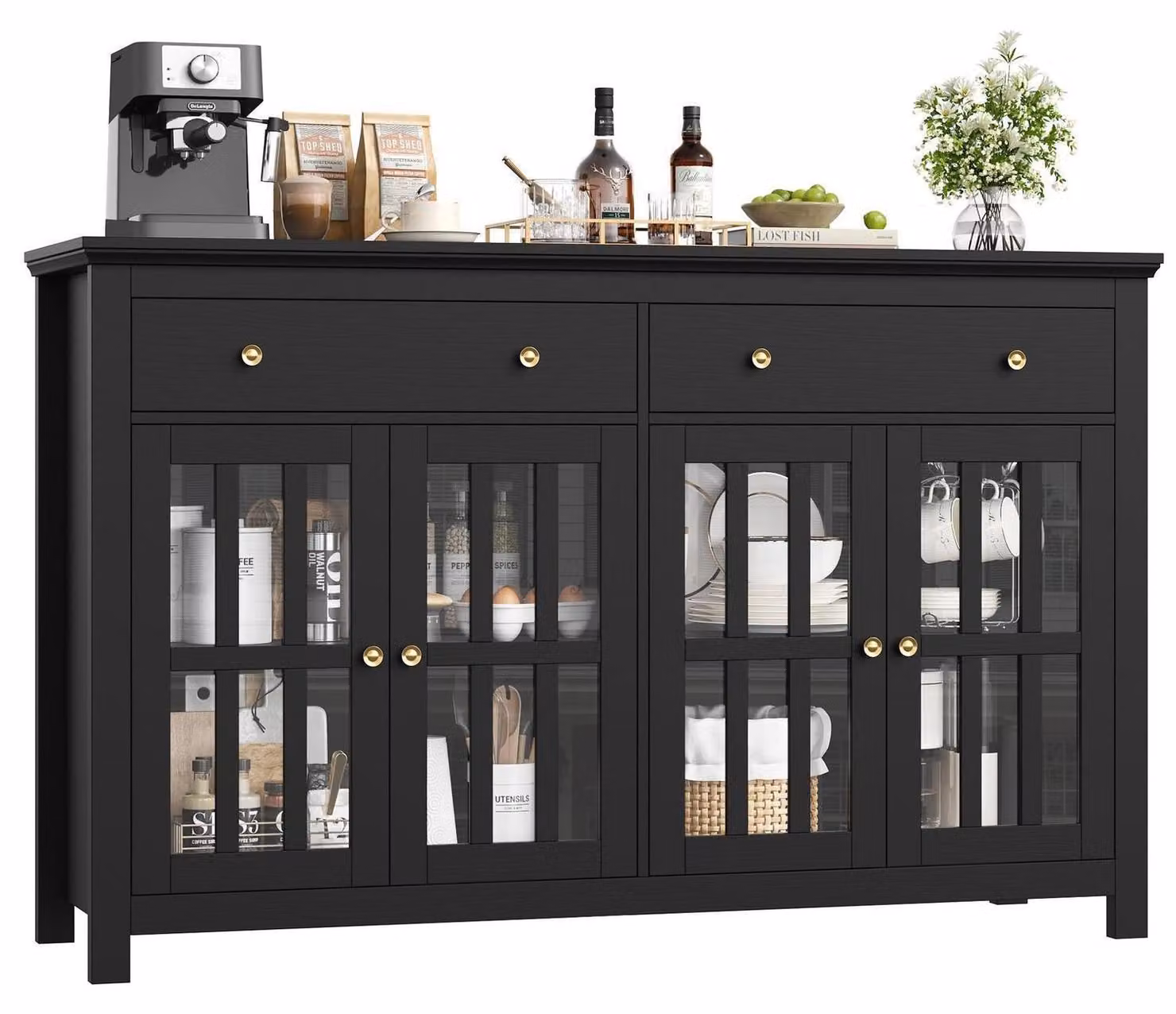 Mobile contenitore da 140 cm di larghezza, con 2 cassetti e 4 ante in vetro, colore nero, dimensioni 140x40x91 cm