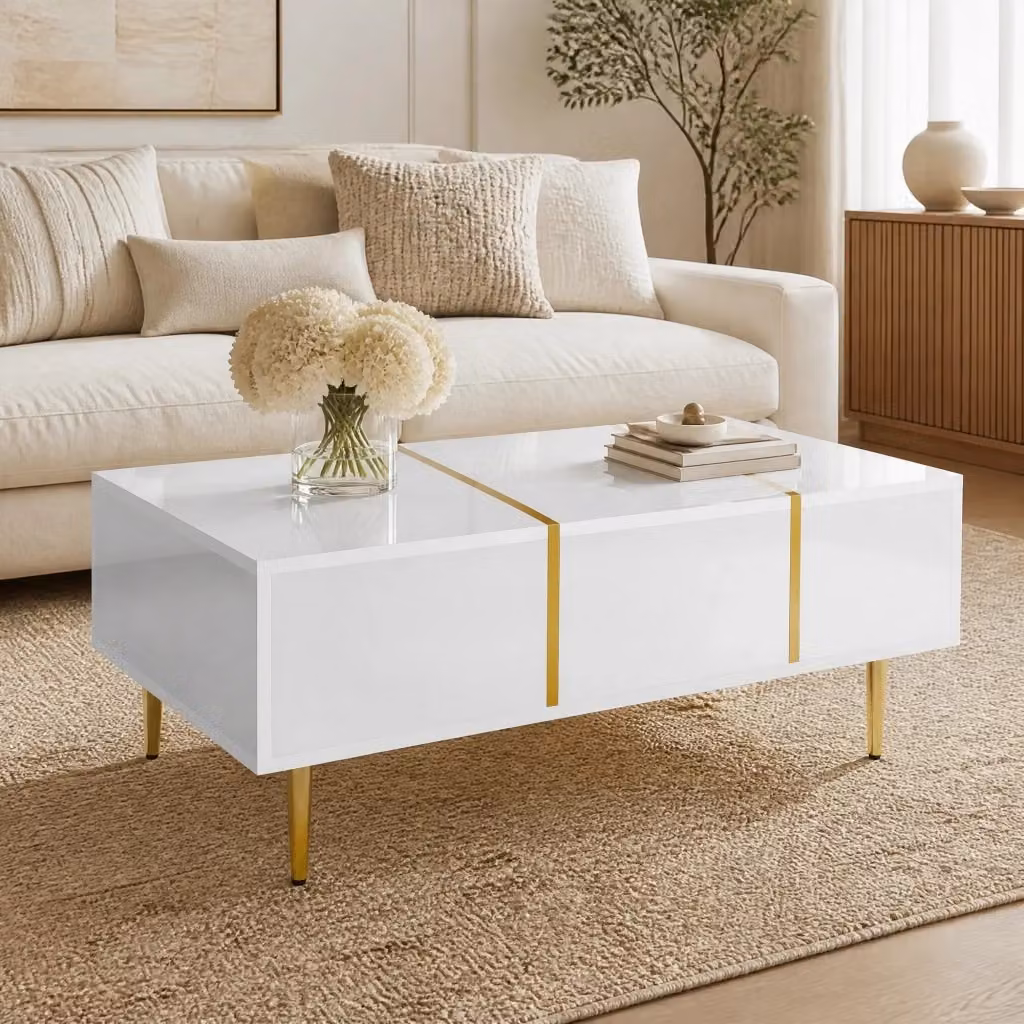 Tavolino da caffè moderno REDOM rettangolare in MDF bianco e oro con finitura lucida L/P/H: 100 x 60 x 41,5 cm – 2