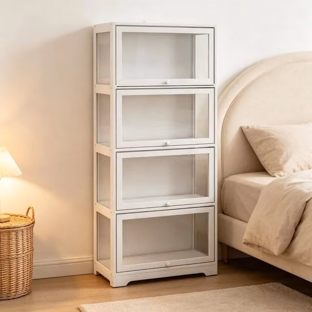 Vetrina per collezioni con 4 vani e pannelli scorrevoli in acrilico MDF bianco 59 × 30 × 139 cm
