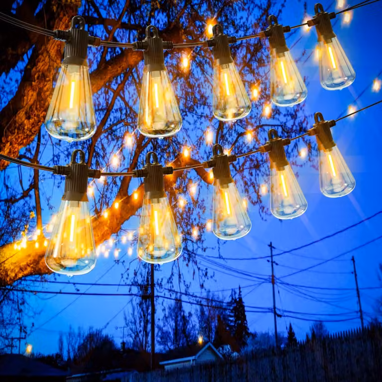 Catena luminosa a LED, 45 metri, 73+3 lampadine ST38, luce bianco caldo, grado di protezione IP65, materiale: plastica