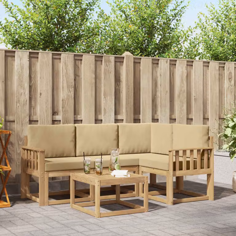vidaXL Set di divani da esterno a L in legno di acacia con tavolo da caffè, 5 pezzi, Bianco e Beige