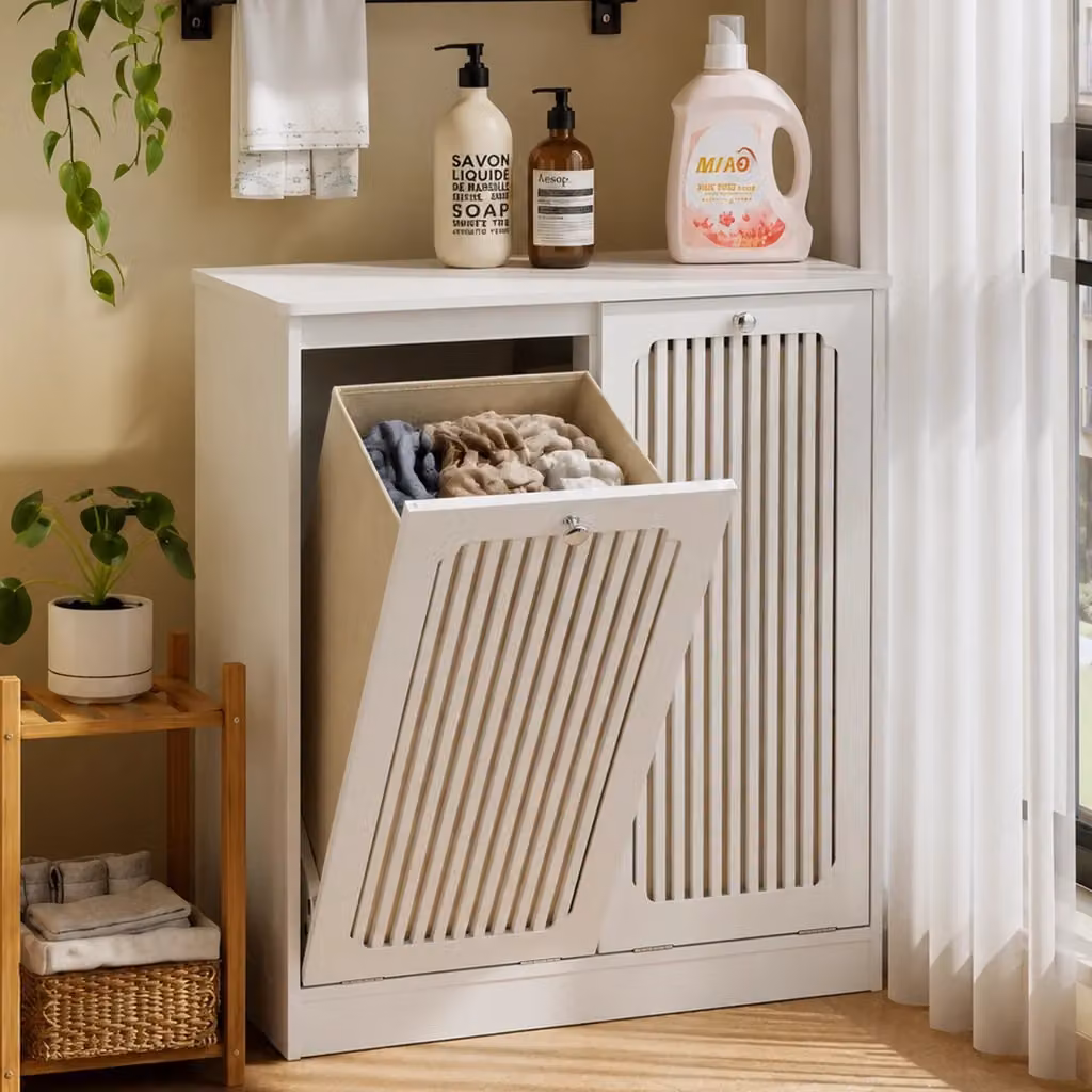 Mobile contenitore OKWISH con 2 vani e ante a lamelle ribaltabili per bagno e lavanderia in MDF bianco opaco – 2