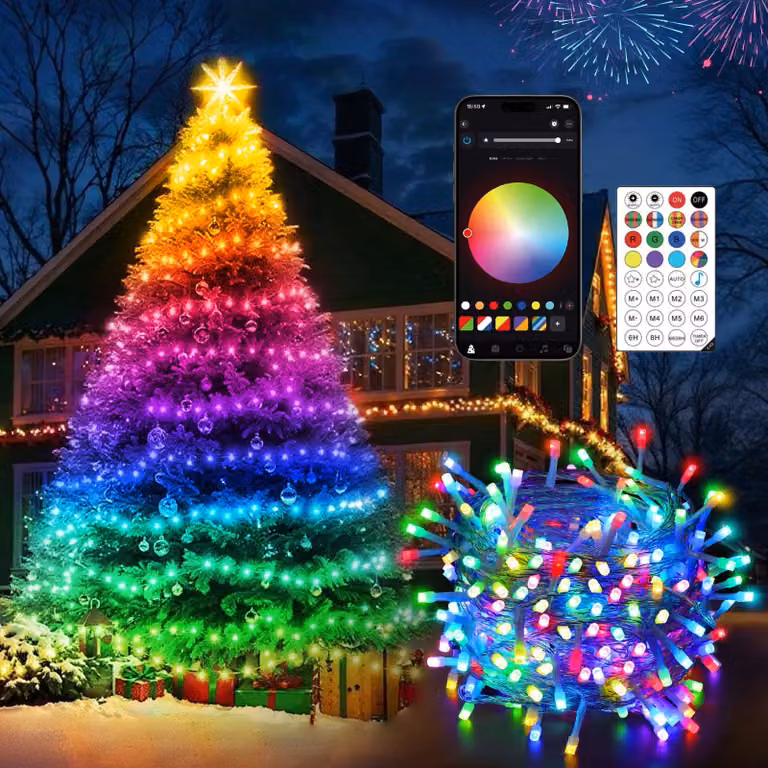 Catena luminosa LED da 30 metri, con 300 LED, controllo tramite app e telecomando, sincronizzazione con la musica, grado di protezione IP44