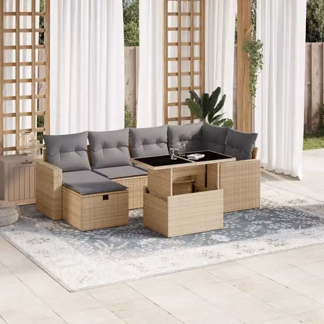 Set Divani da Giardino 7 pz con Cuscini Beige in Polyrattan 3274819