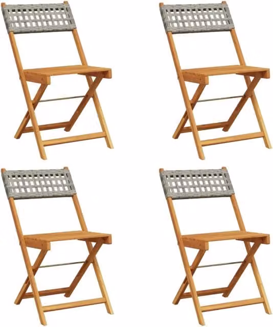 Set di 4 sedie pieghevoli vidaXL in polyrattan grigio e legno di acacia oliato con braccioli, impilabili per giardino e balcone