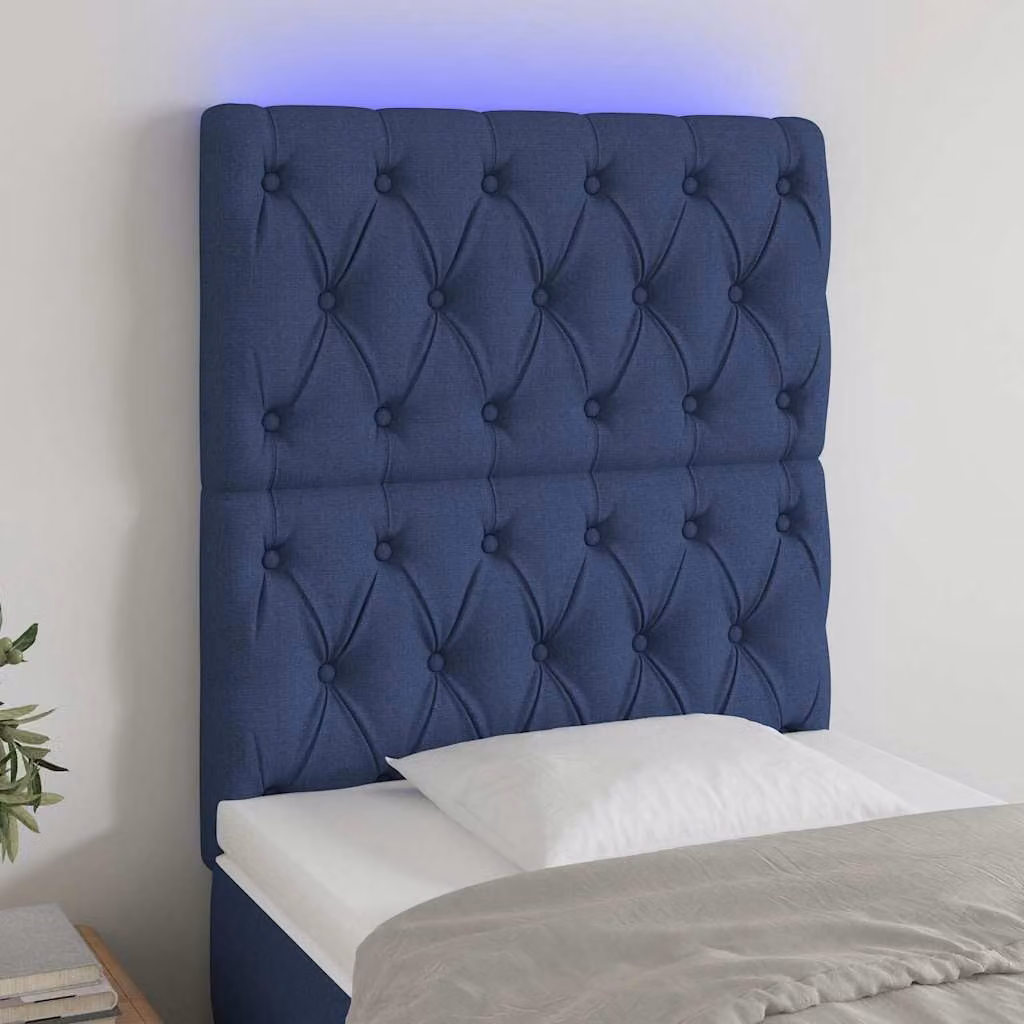 Testiera per letto vidaXL in tessuto blu con illuminazione LED integrata e porta di ricarica USB, L 80 cm, P 7 cm, H 118-128 cm