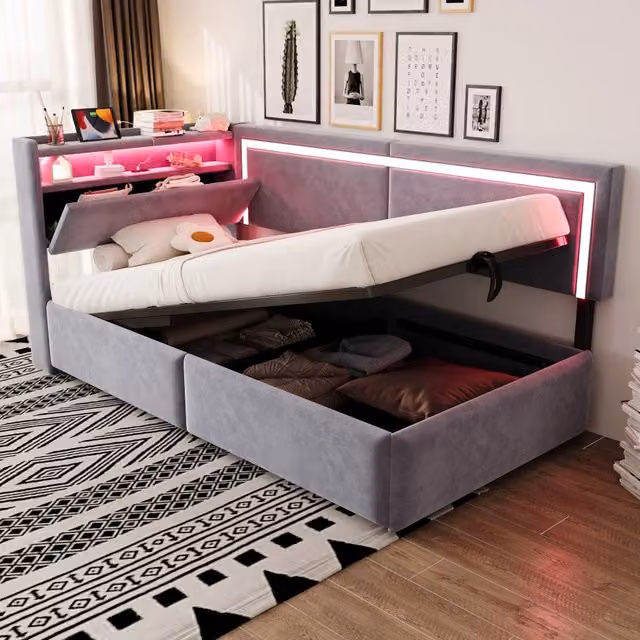 Letto singolo imbottito 90 × 200 cm con vano contenitore idraulico velluto grigio chiaro LED e porte USB