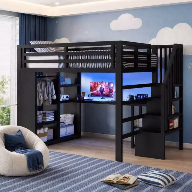 Letto a soppalco in metallo 140x200 cm con scrivania, LED, armadio aperto e scale nere