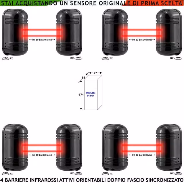Set di 4 Sensori di Passaggio Securvera Barriera a Infrarossi Attivi con Doppio Fascio Orientabile per Protezione Intruso, Collegamento Filare, Colore Nero – 1