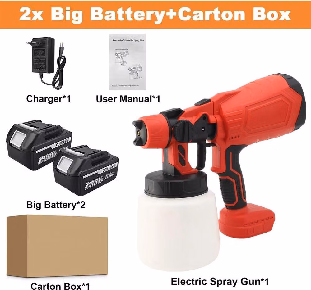 Pistola a spruzzo senza fili - Spruzzatore HVLP da 1000W - Ugello da 1,8 mm - Serbatoio da 1000 ml - Per batterie da 18V con 2 batterie incluse - Colore: rosso
