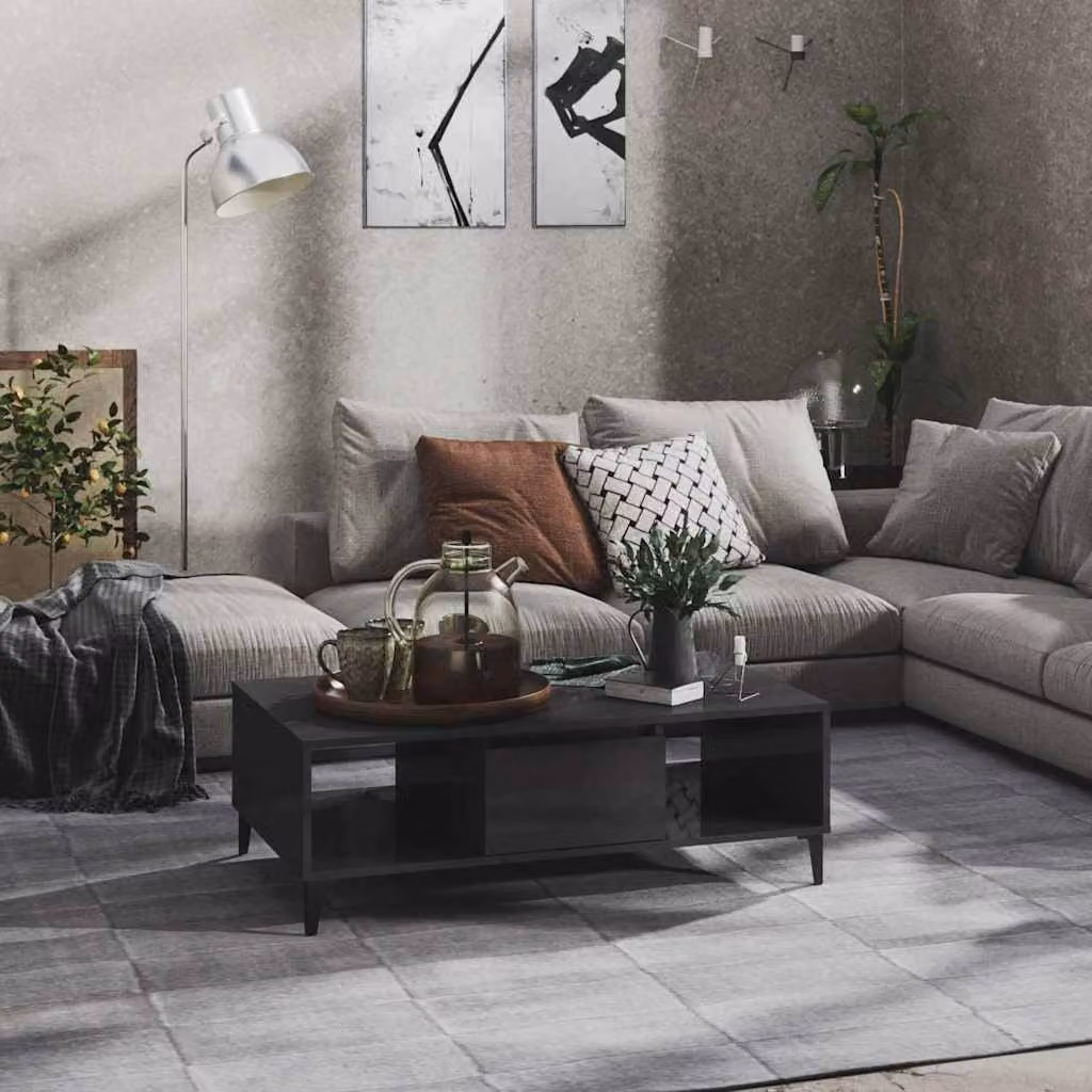 vidaXL Tavolino da Salotto Rettangolare in Legno e Metallo Grigio e Nero Lucido L: 103,5 cm, P: 60 cm, H: 35 cm