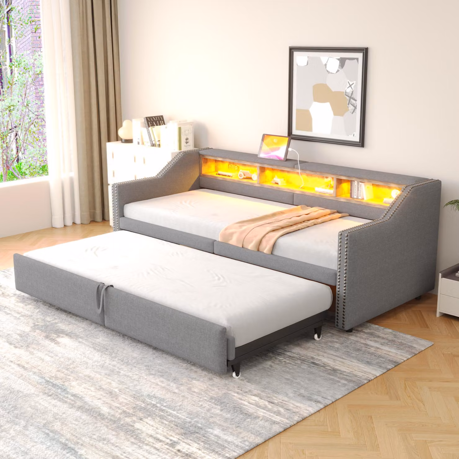 MODFU Letto trasformabile con letto estraibile, 90/180x200, letto da giorno, letto per ragazzi con illuminazione a LED e porta USB, con rete, grigio chiaro (senza materasso)