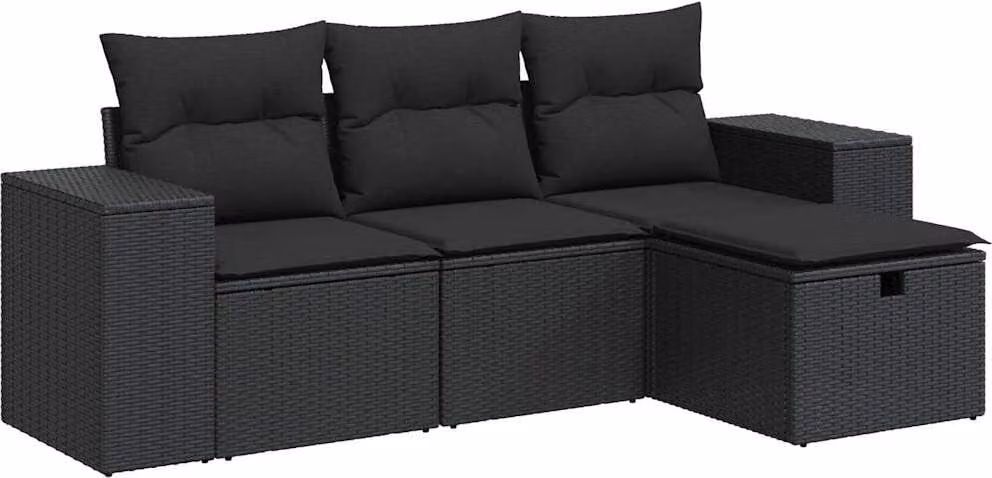Set Divani da Giardino 4 pz con Cuscini Nero in Polyrattan