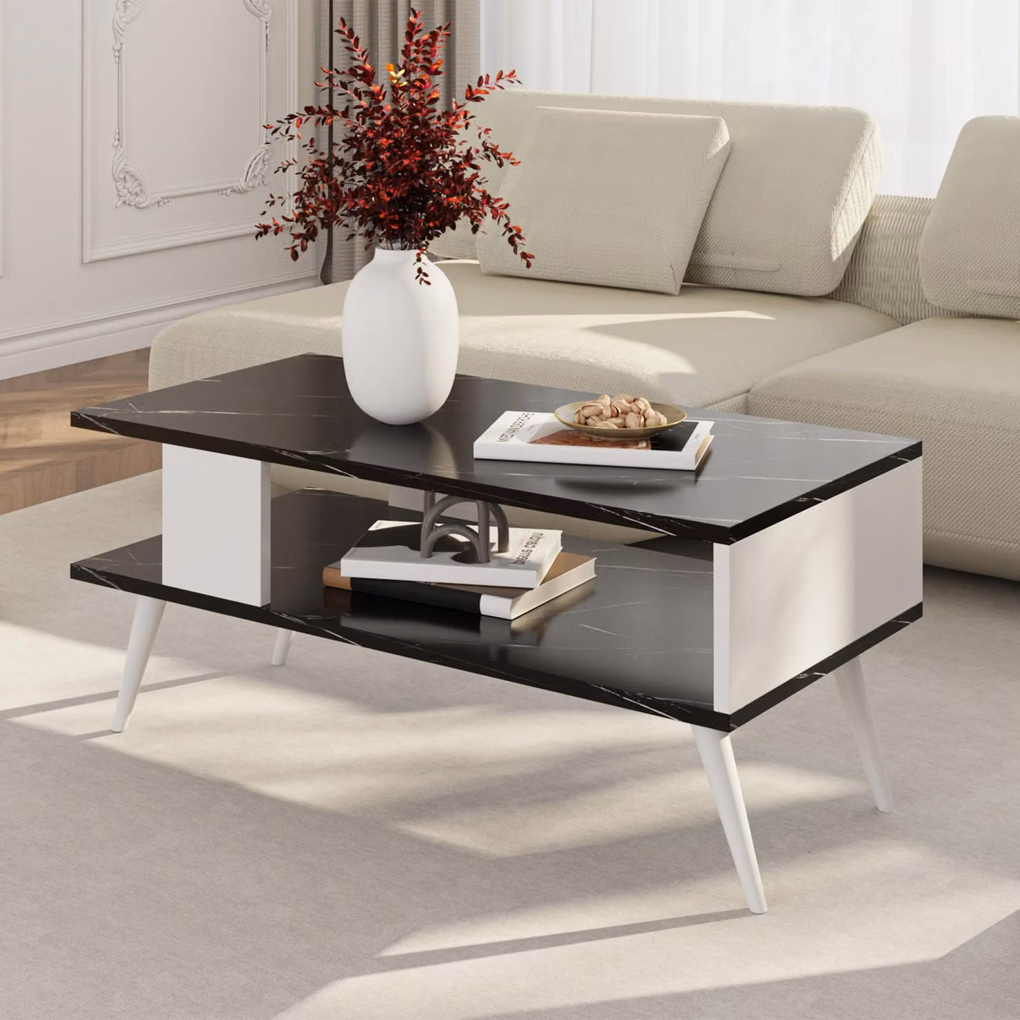 Tavolino Lycksele Tavolino da salotto con contenitore rettangolare nero effetto marmo bianco con ripiano inferiore Tavolino da divano