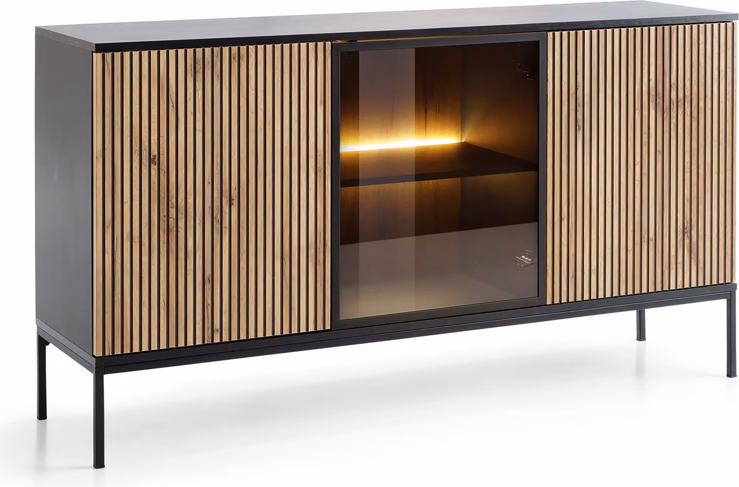 Masseno Comò SENTIERO 154 cm Credenza con LED 3 ante per soggiorno camera da letto Moderno 154x39x83 cm Nero / Rovere Wotan