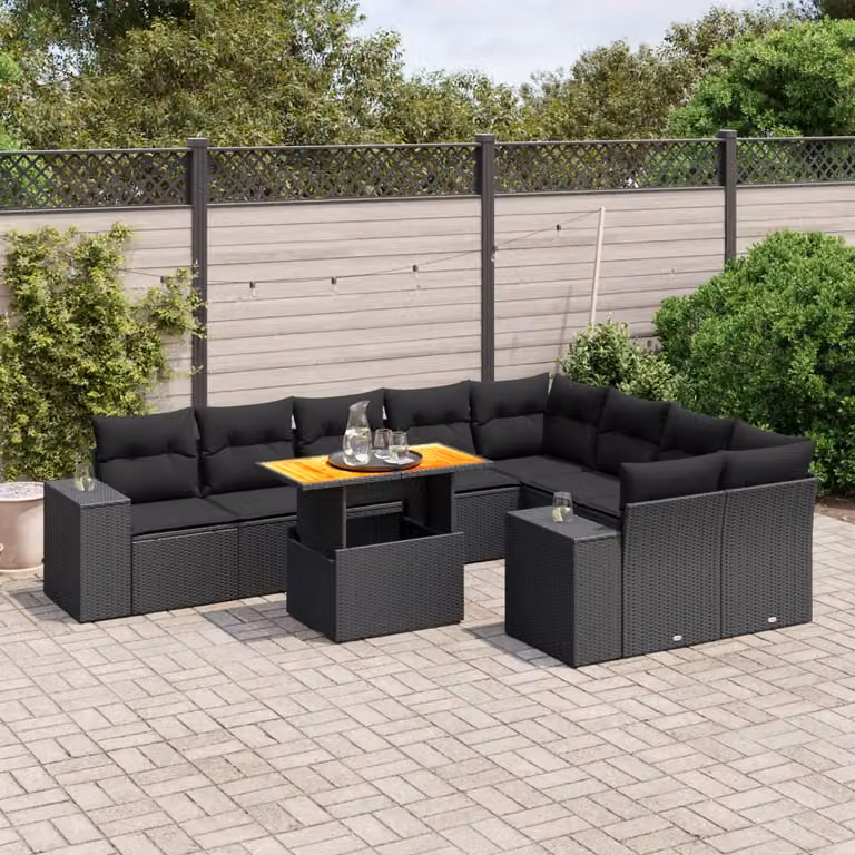 vidaXL Set Divani da Giardino a L 10 Pezzi in Polyrattan Nero con Cuscini e Tavolino da Esterno