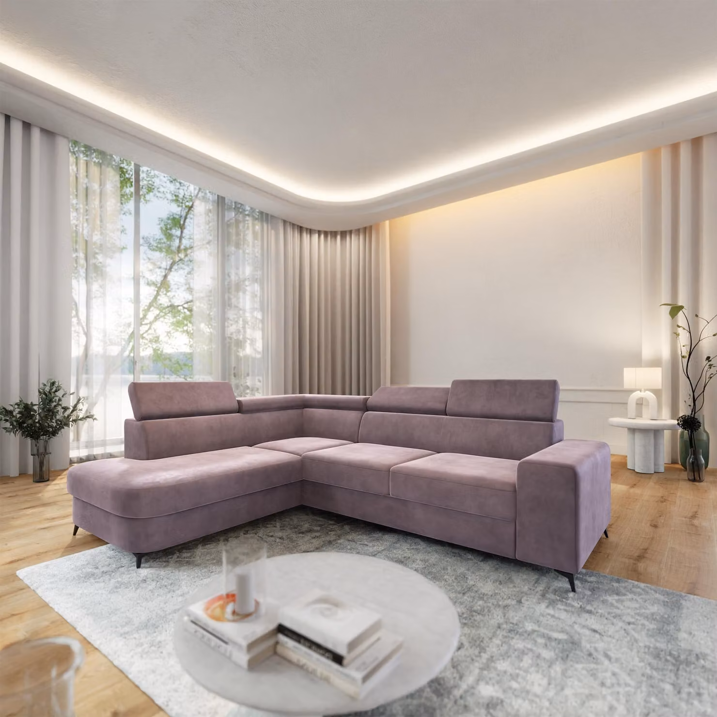 Divano ad angolo Masseno ALVORO L-S con funzione letto a L, divano con contenitore, divano da salotto, divano, divano letto, set divani - Viola, MONOLITH 62
