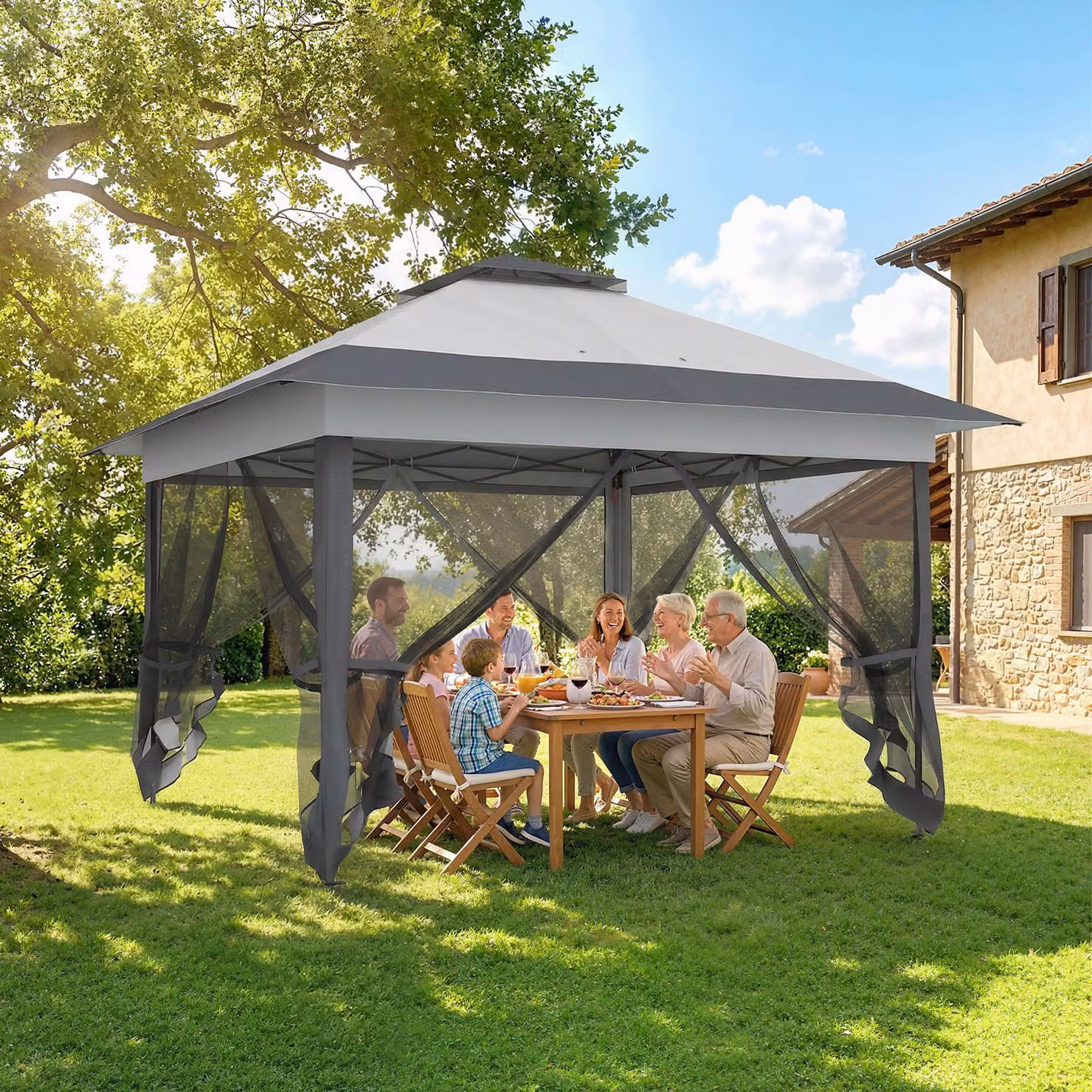 Gazebo da esterno Outsunny in acciaio e tessuto Oxford anti-UV con zanzariere, pieghevole e regolabile, Grigio, L/P: 360 x 360 cm – 2