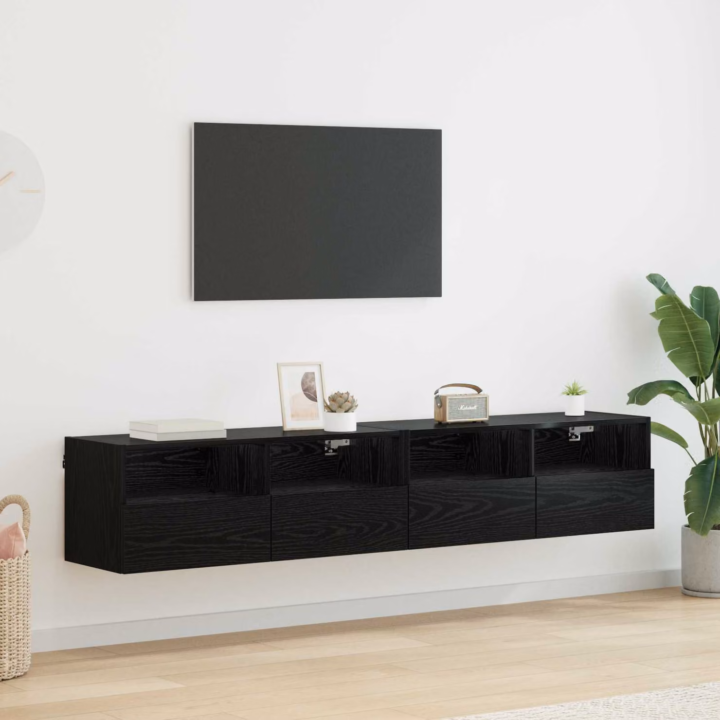 Set di 2 mobiletti TV da parete vidaXL moderni in legno MDF nero e rovere L 80 x P 30 x H 30 cm