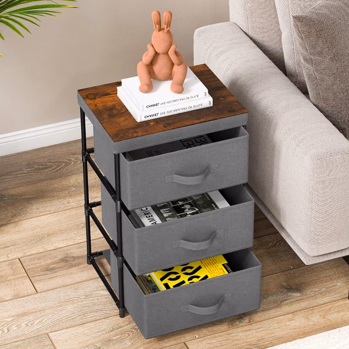 Set di 2 comodini Costway in tessuto con 3 cassetti e struttura in metallo, cassettiera salvaspazio moderna, Grigio