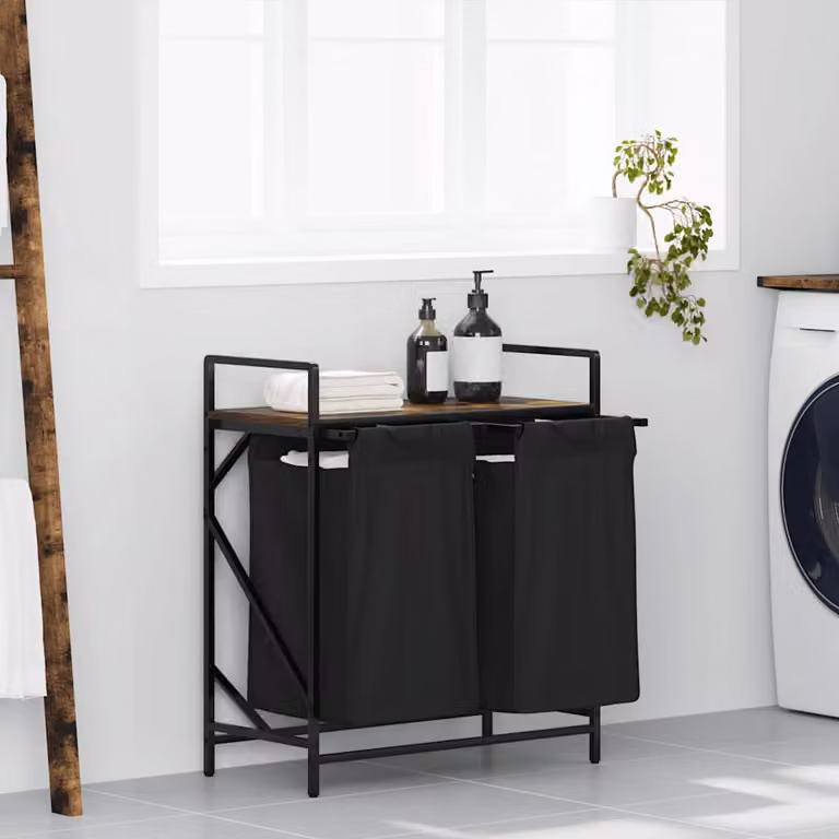 vidaXL Cesto Portabiancheria a 2 Scomparti con Ripiano, Nero e Marrone, L/P/H: 77 x 67 x 33 cm
