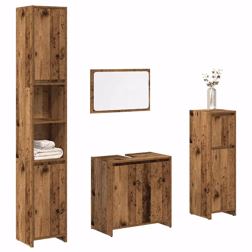 Set di mobili da bagno vidaXL 4 pezzi in legno multistrato color marrone antico con mobile lavabo, armadietto con specchio e mobile laterale