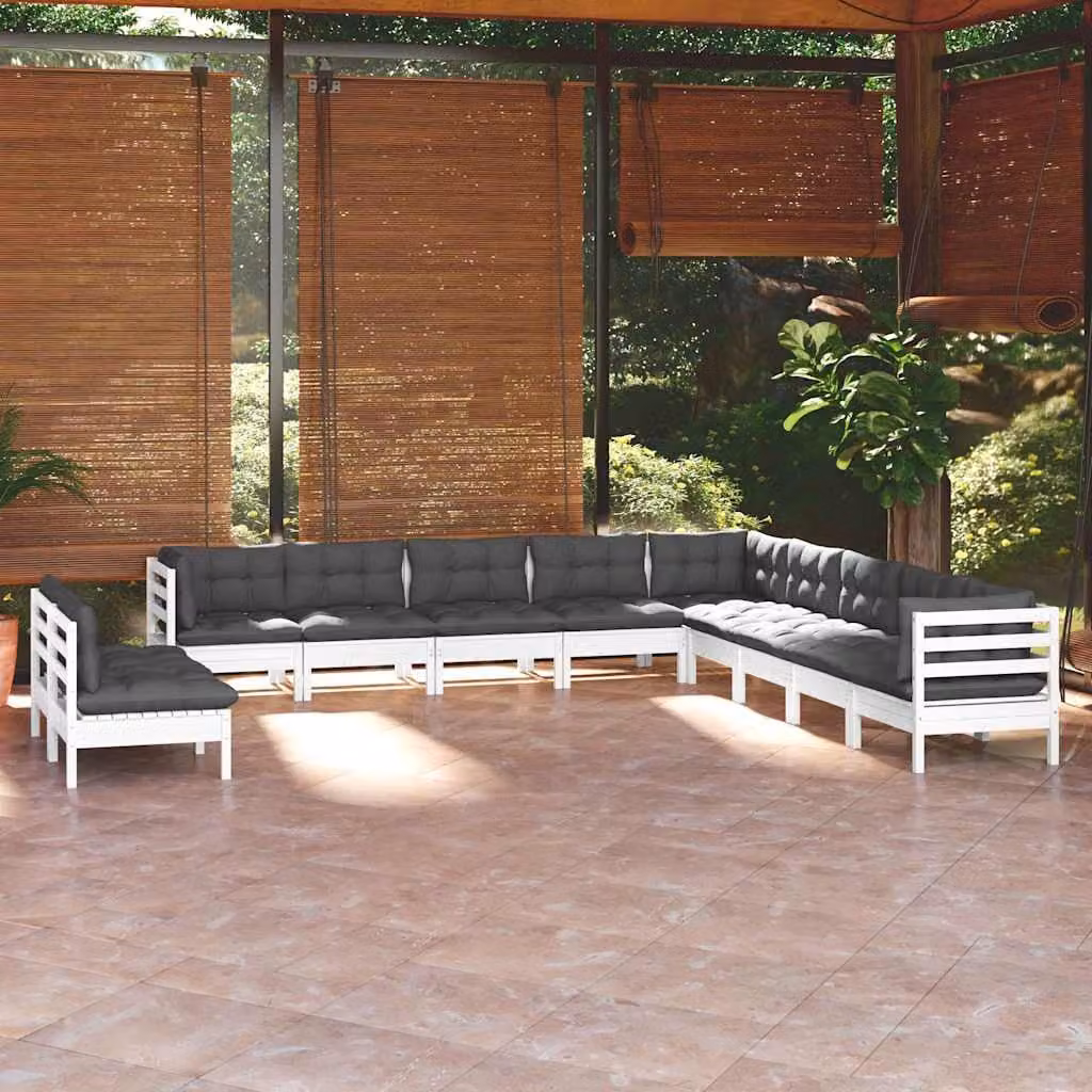 vidaXL Set Divani da Giardino 11 pz in Legno di Pino con Cuscini Bianchi e Antracite