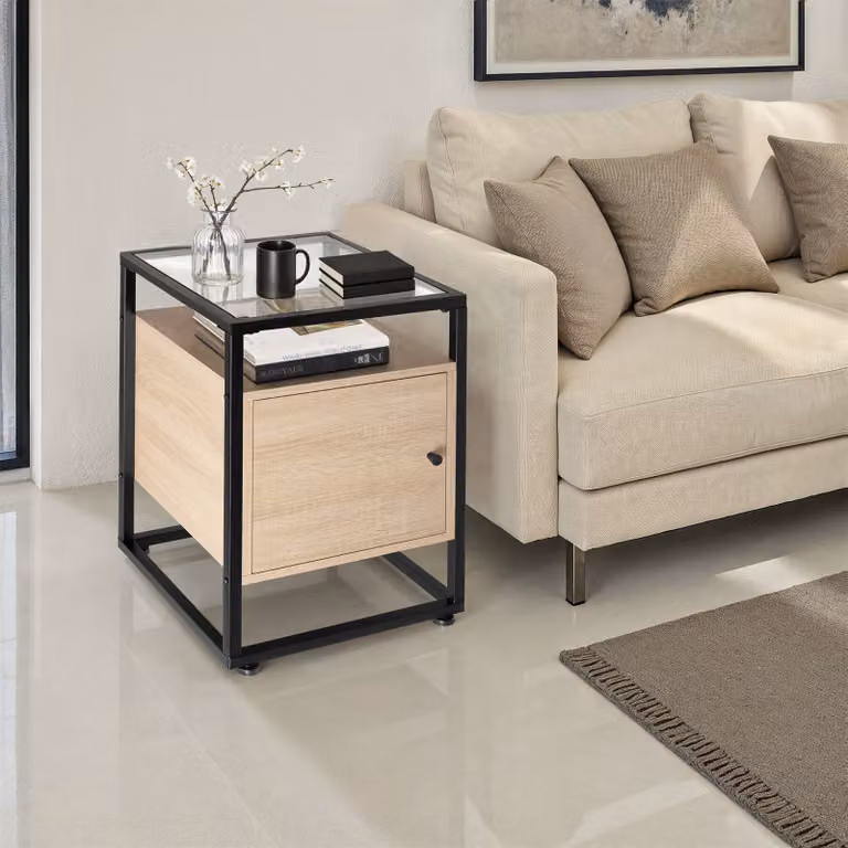 Comodino Dudley TecTake in stile industriale con finitura rovere e dettagli in metallo, marrone e beige, L/P/H: 40 x 43 x 60,5 cm