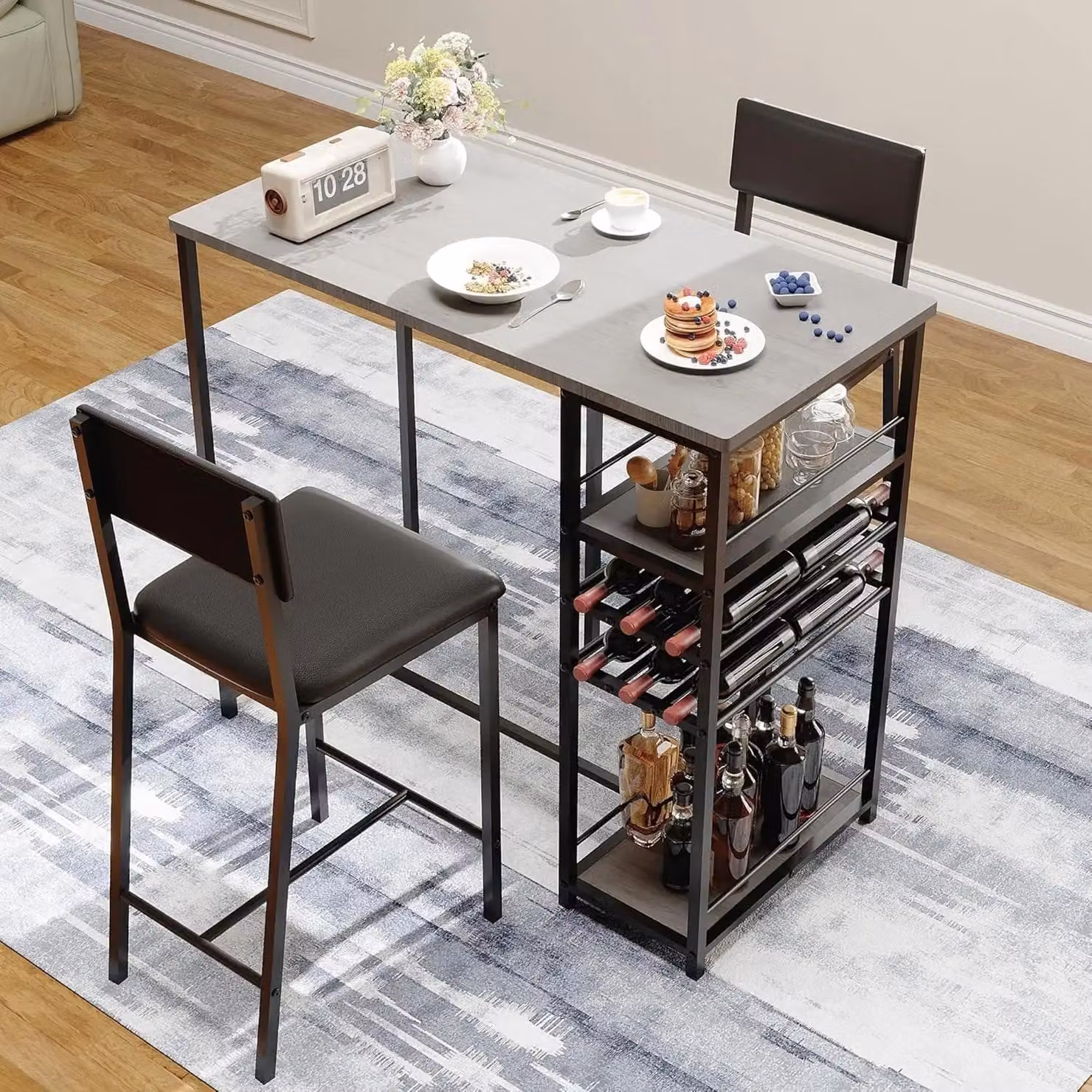 Set da pranzo per 2 persone - Tavolo con 2 sedie imbottite - Ripiani aperti - Portabicchieri e portabottiglie integrati - Ingombro ridotto - MDF - Grigio