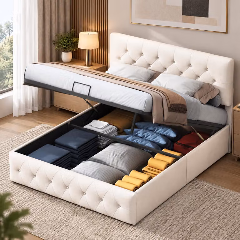 Letto con boxspring 140x200 cm con poggiatesta regolabile, letto contenitore con cassone, letto imbottito con boxspring e contenitore, rivestito in velluto, colore pesca
