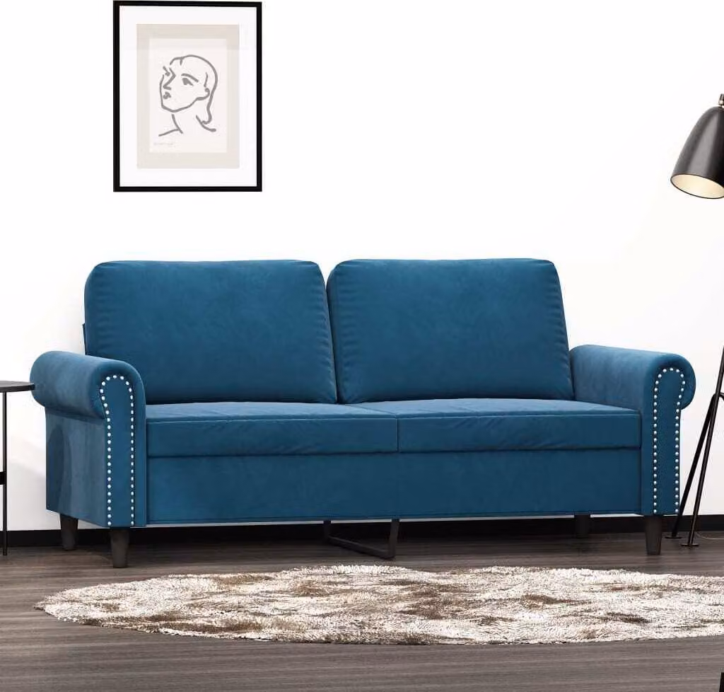 Divano a due posti, modello "Exclusive", colore blu, rivestito in velluto, dimensioni 140 cm
