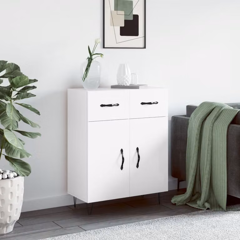 Credenza moderna vidaXL in legno e metallo bianco lucido L: 69,5 cm, P: 34 cm, H: 90 cm
